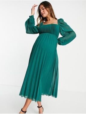 ASOS Maternity Green Pleated Midi Dress Puff Sleeve Romantic Cottagecore Size 2